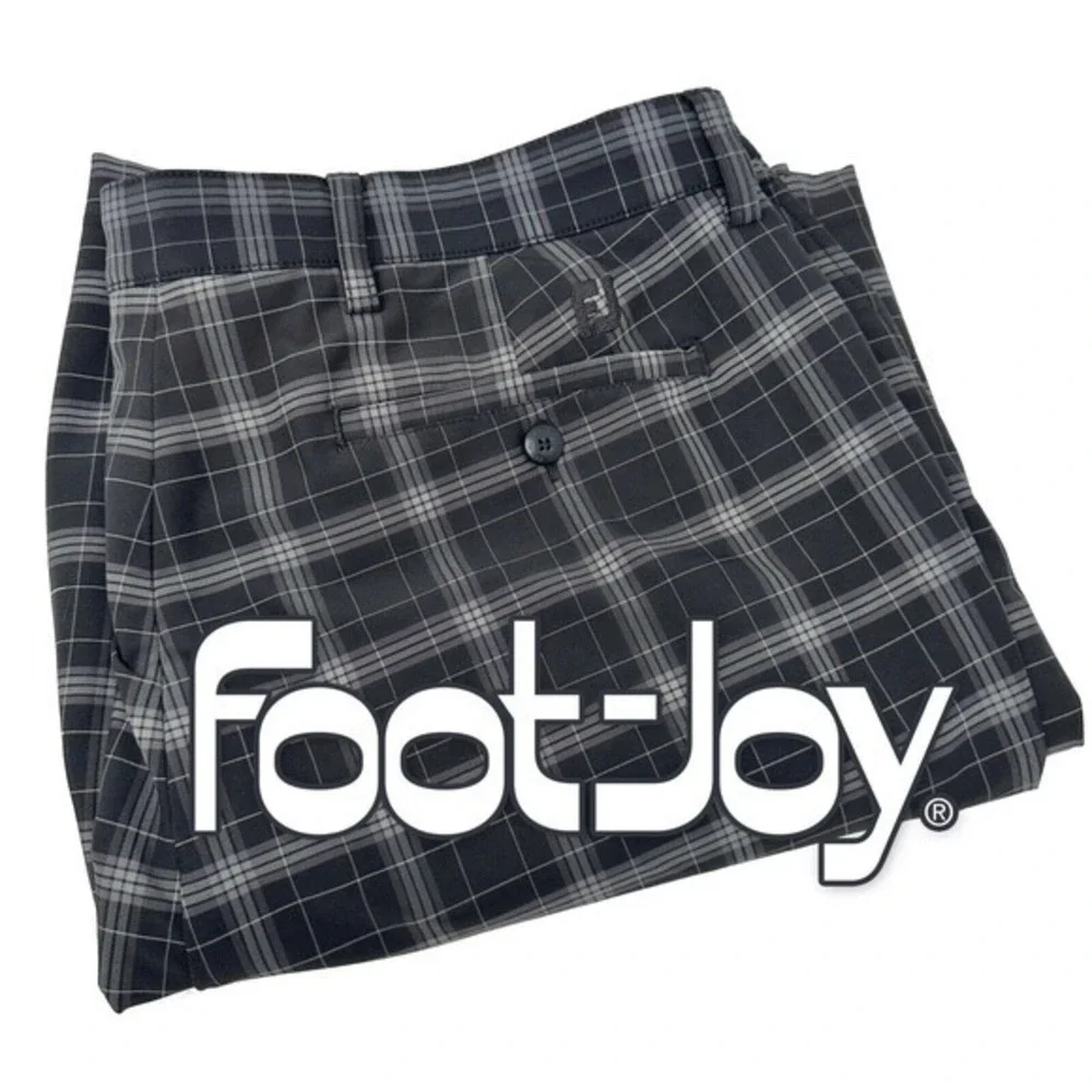 FootJoy FJ Gray Black Plaid Flat Front Polyester Spandex Golf Shorts Size 38‎